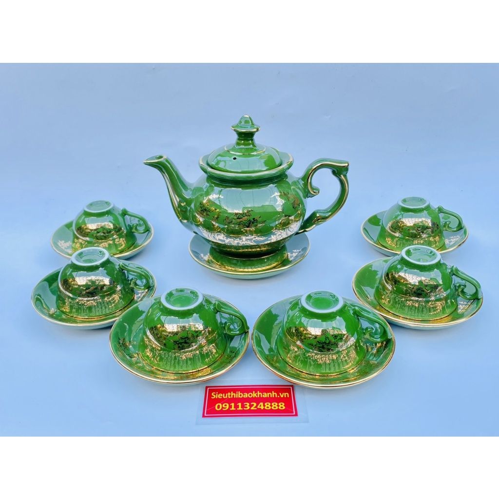  Bộ ấm chén phú quý rêu dẹt rêu sơn thủy vàng kim 