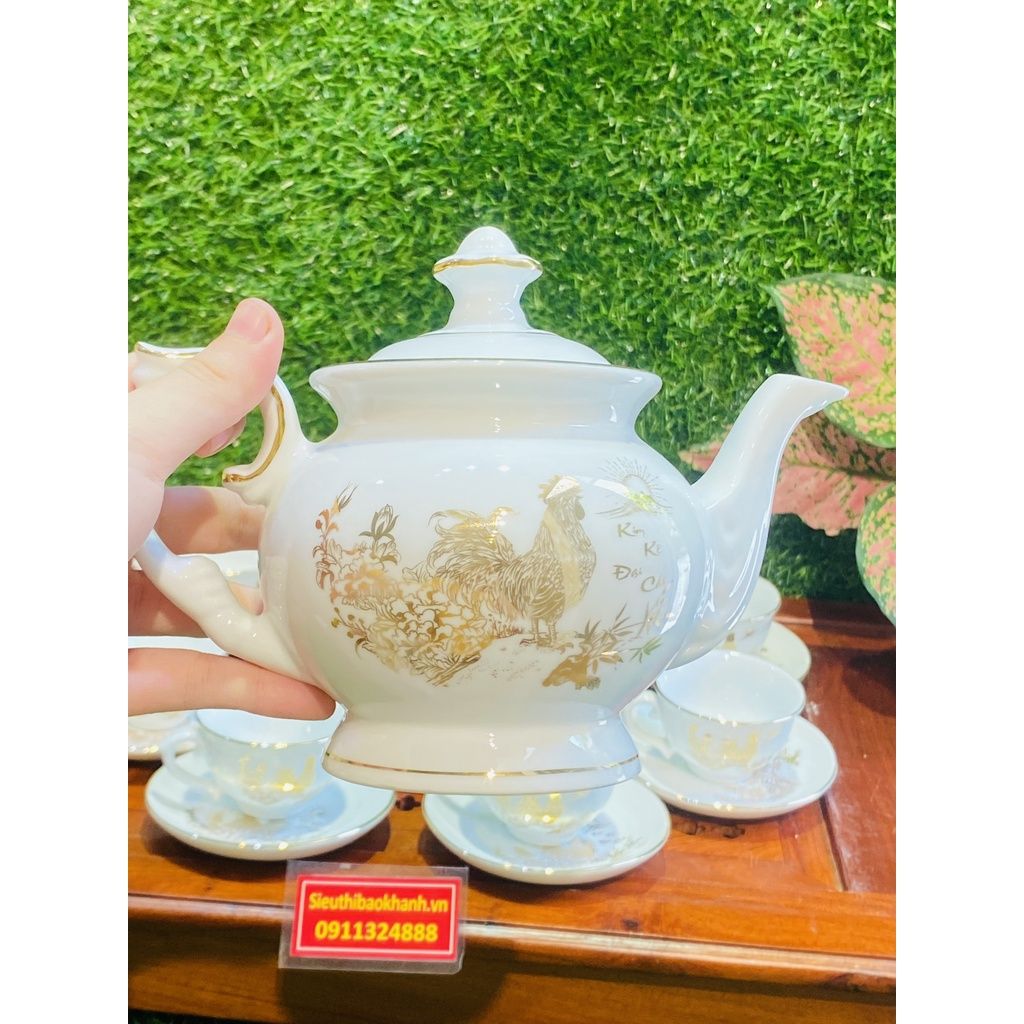  Bộ ấm chén men kem hoa tiết Kim Kê Đại Cát 