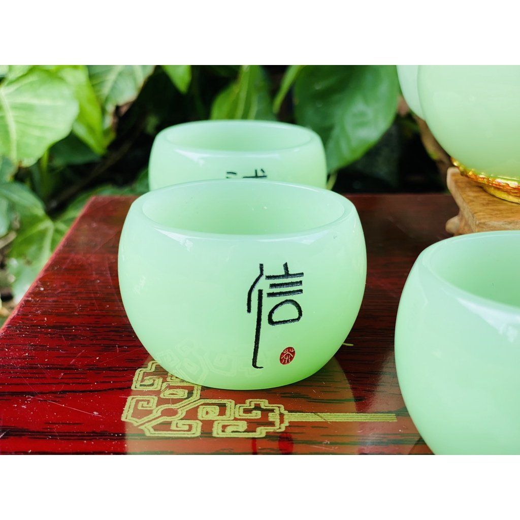  Bộ ấm chén đá xanh ngọc họa tiết in nổi 350m-Bảo Khánh 