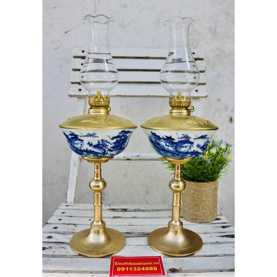  cặp đèn đầu đồng thân gốm xuất xứ Bát Tràng 25cm 