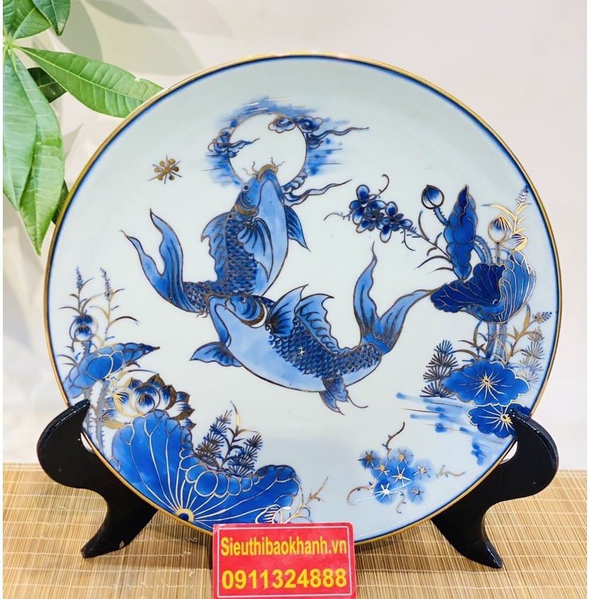  [BÁT TRÀNG CHÍNH HÃNG]-Đĩa Cảnh Men Lam Họa Tiết Lí Ngư-Mỹ Nghệ Bảo Khánh-Đĩa Trang Trí 35cm. 