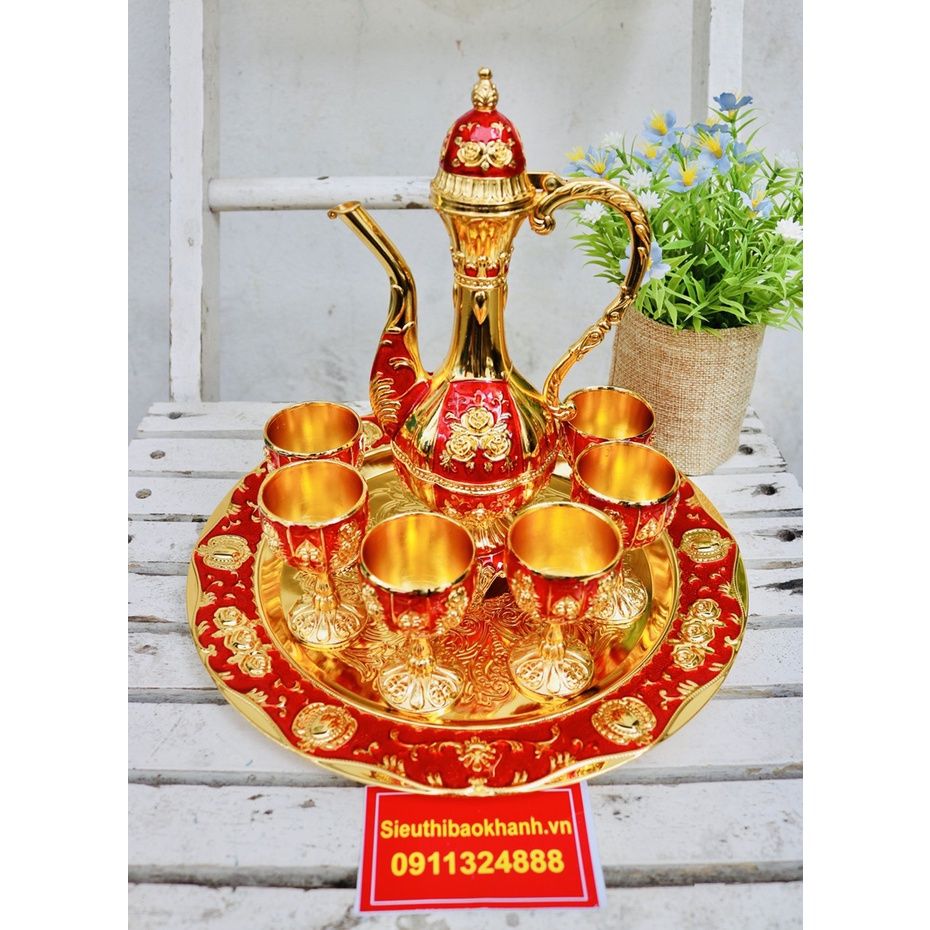 Bộ Ấm Chén Hợp Kim Đồng Dáng Hoàng Gia Đỏ Vàng – Sang Trọng, Quà Biếu Cao Cấp, Trưng Bày & Thờ Cúng BKMEVN-8182 