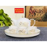  Bộ ấm chén men trắng sứ xương chóp lửa vẽ sen - đánh chỉ viền vàng kim 
