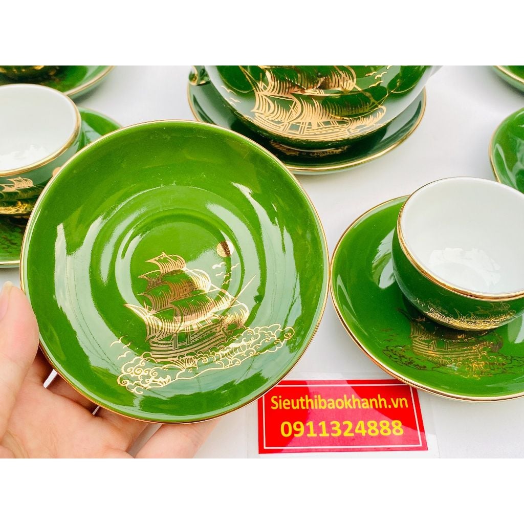  Bộ ấm chén ngọc lục bảo gốm sứ Bát Tràng vẽ vàng BKCEVN-8084 