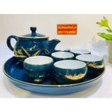  Bộ ấm chén Bát Tràng men xanh vẽ vàng phong cảnh BKCEVN-8107 