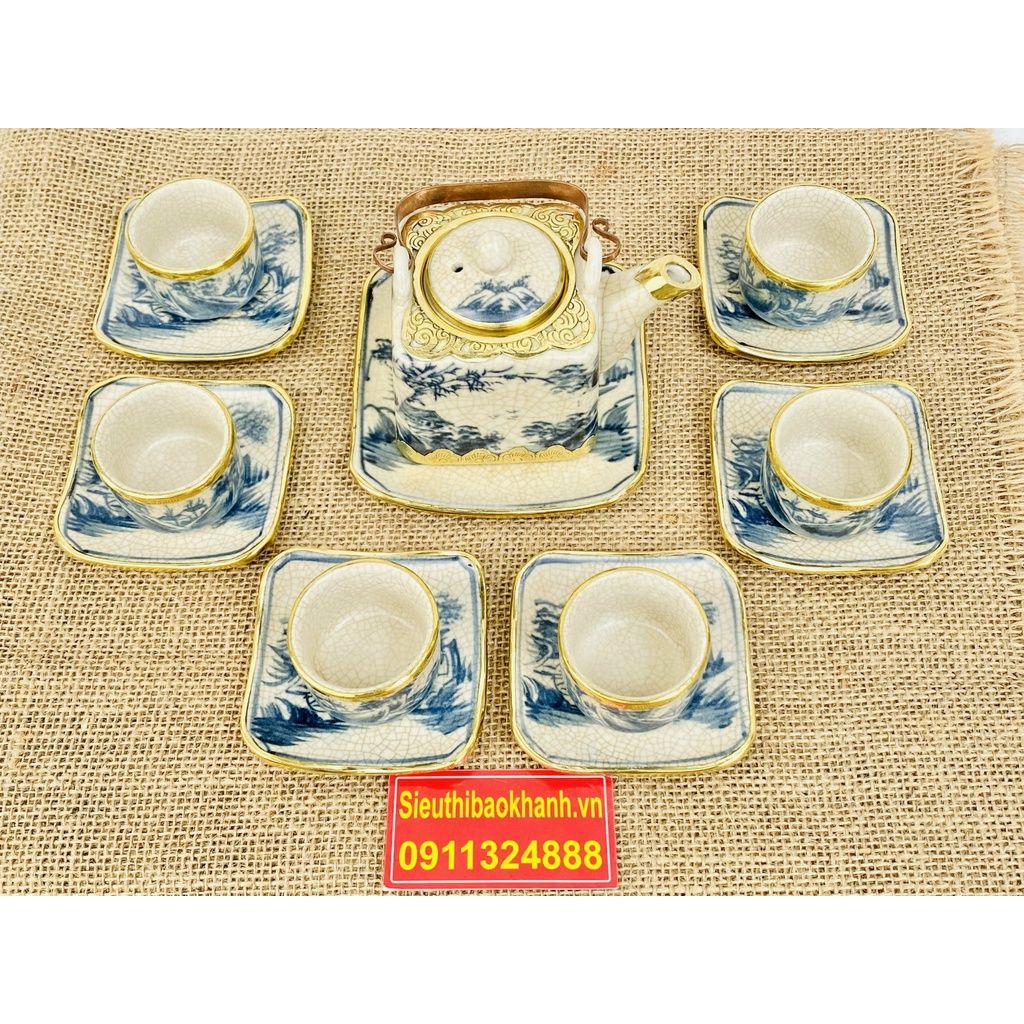  Bộ ấm chén men rạn Bát Tràng dáng vuông họa tiết sơn thủy 350ml 