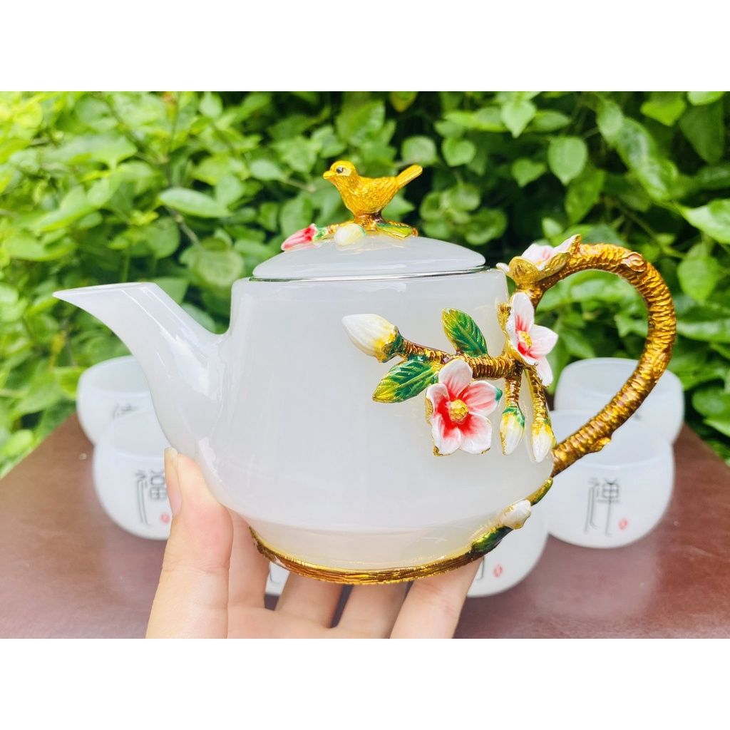  Bộ ấm chén,ấm trà đá ngọc họa tiết hoa đào in nổi 400ml 