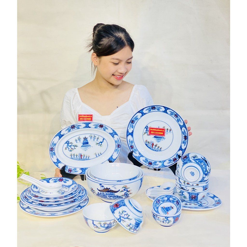  Bộ bát đĩa cảnh men rạn tùng hạc diên cao cấp 