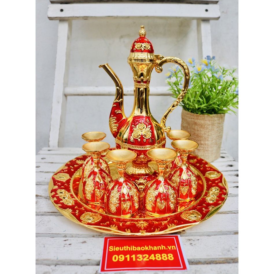  Bộ Ấm Chén Hợp Kim Đồng Dáng Hoàng Gia Đỏ Vàng – Sang Trọng, Quà Biếu Cao Cấp, Trưng Bày & Thờ Cúng BKMEVN-8182 