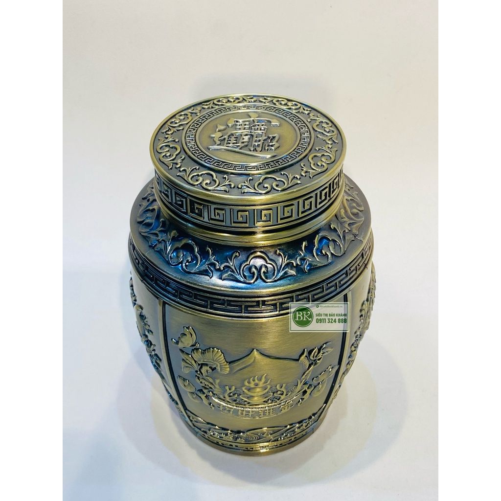  Hộp đựng chè đồng họa tiết ngũ quả (cao 18cm) 