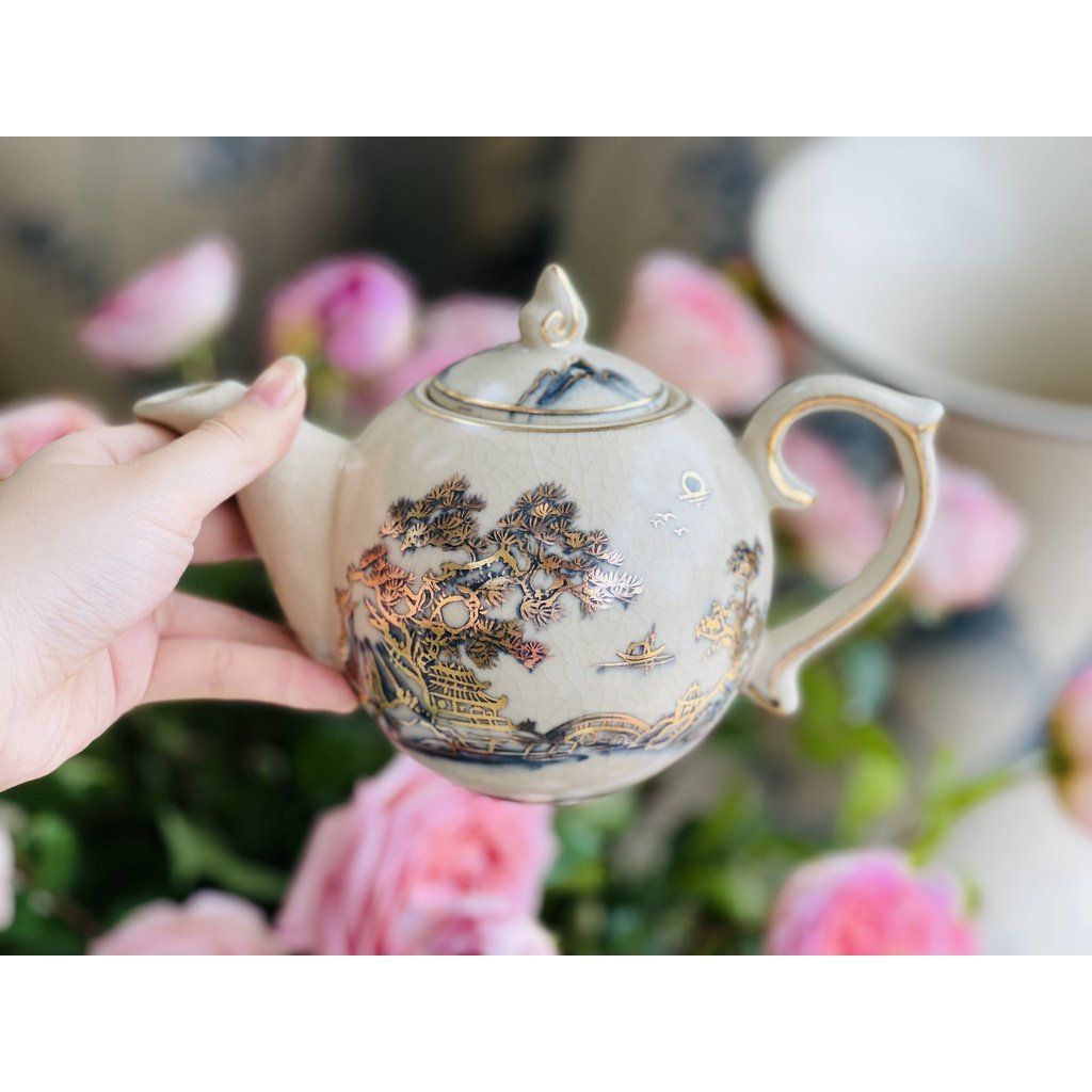  Bộ ấm chén họa tiết Sơn Thủy hoàng gia vẽ vàng Bát Tràng 500ml 