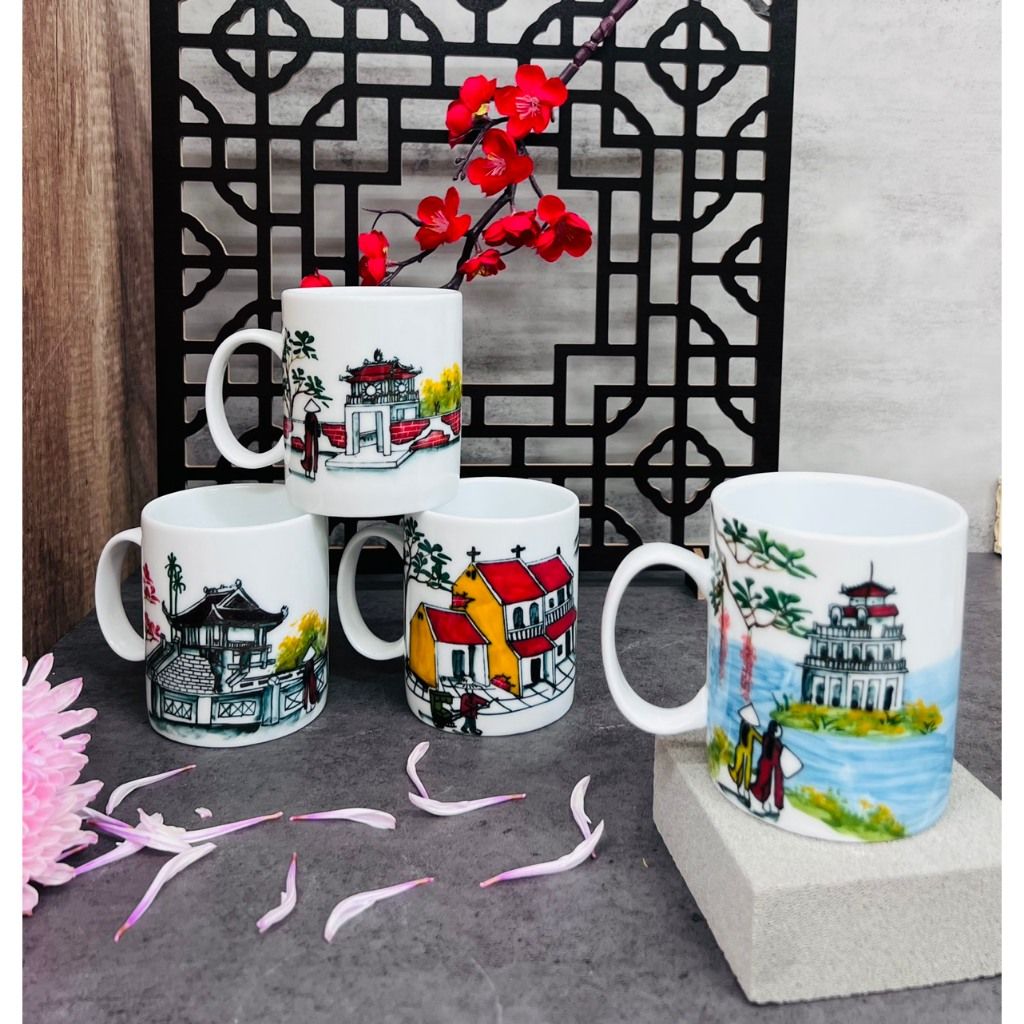  [Gốm Sứ Bát Tràng] Cốc vẽ tay hình phong cảnh Hà Nội Dáng C siêu đẹp 