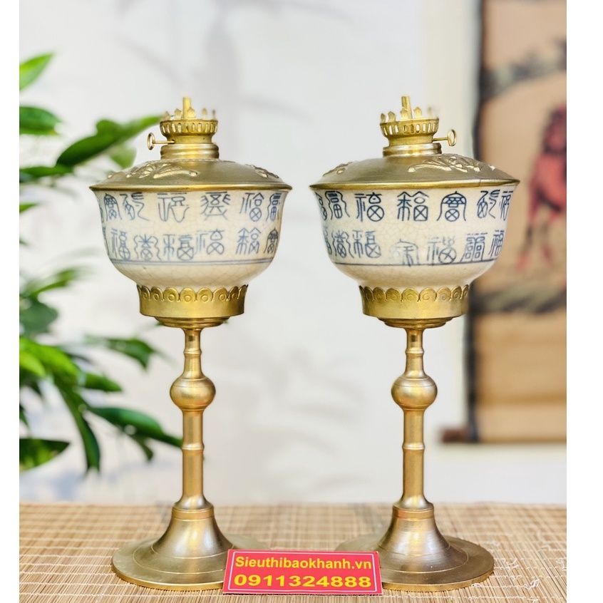  [ĐỒ THỜ CÚNG]-Cặp đèn dầu đồng thân gốm xuất xứ Bát Tràng 25cm 