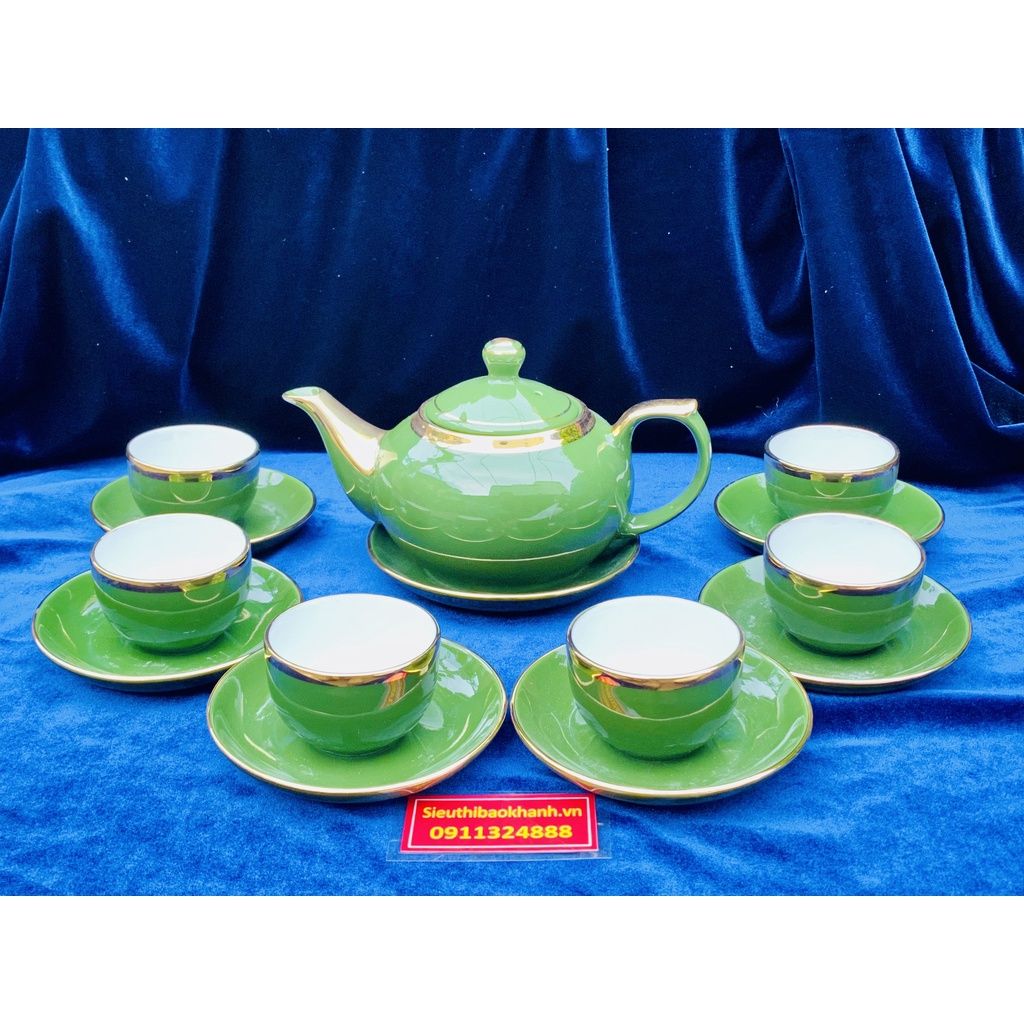  Bộ ấm chén men ngọc màu xanh viền vàng 