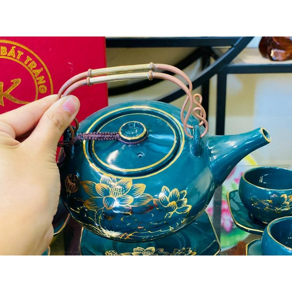 Bộ ấm men xanh vẽ vàng quà tặng xuất xứ Bát Tràng 