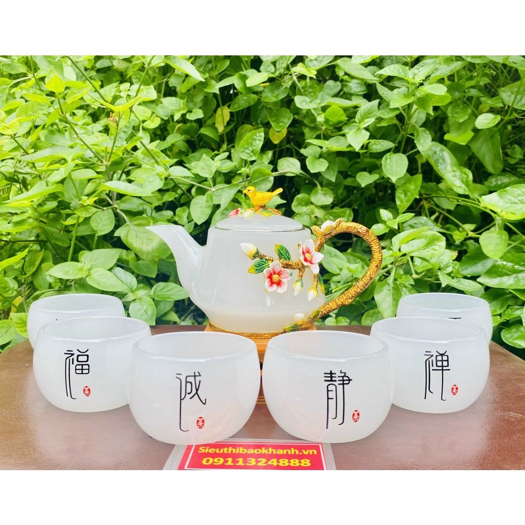  Bộ ấm chén,ấm trà đá ngọc họa tiết hoa đào in nổi 400ml 