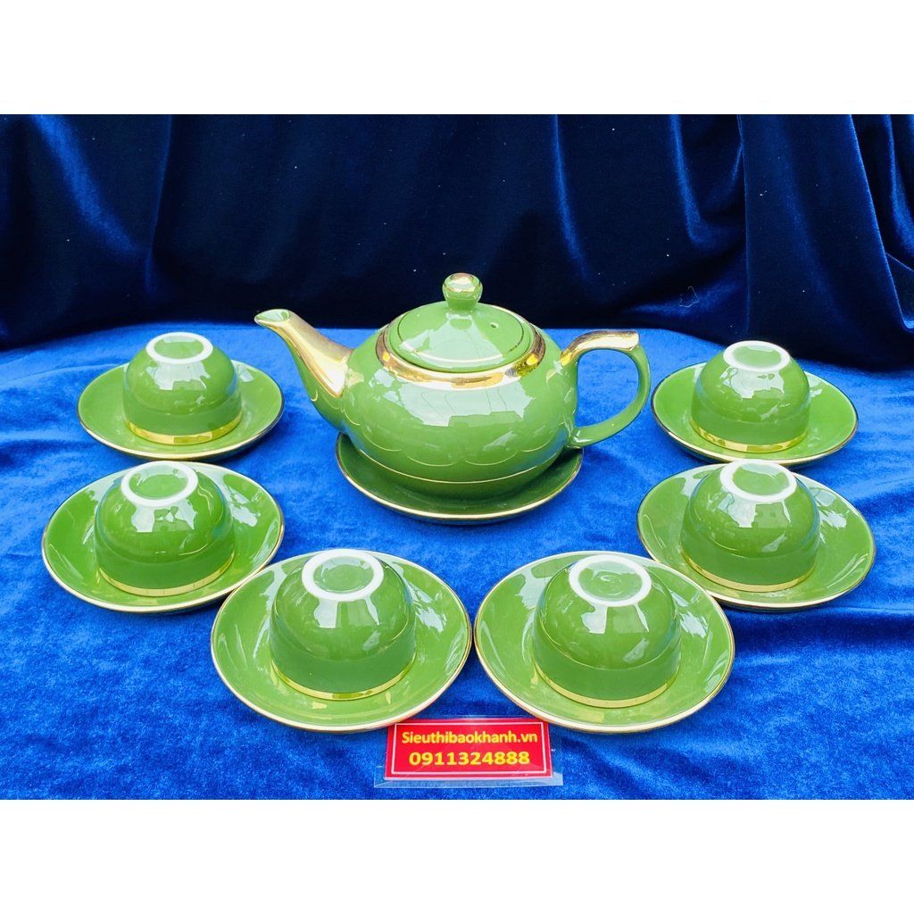 Bộ ấm chén men ngọc màu xanh viền vàng 