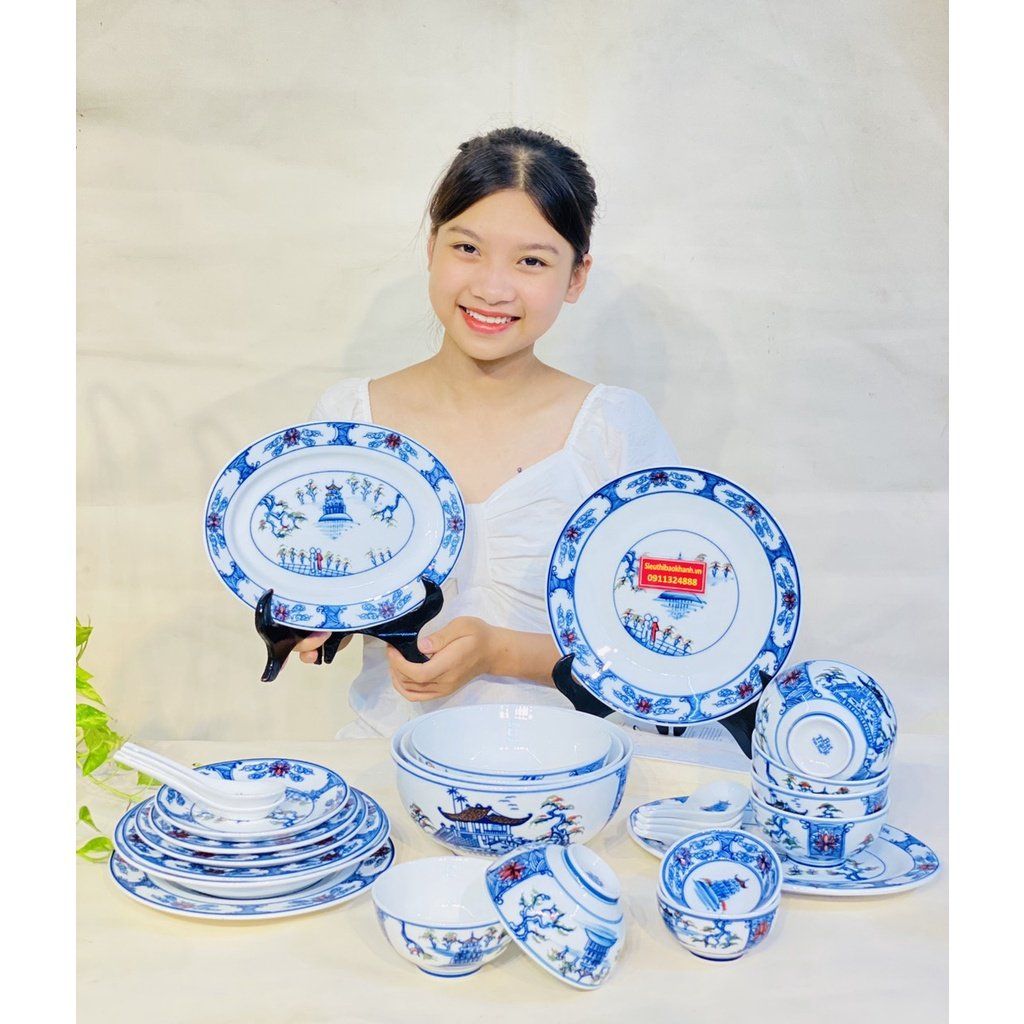  Bộ bát đĩa cảnh men rạn tùng hạc diên cao cấp 