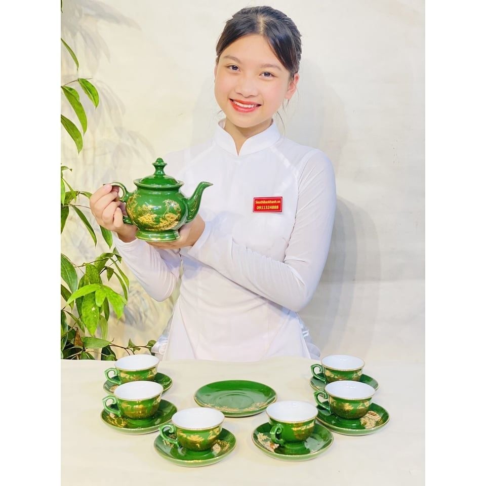  Bộ ấm chén xanh họa tiết công đào phú quý 