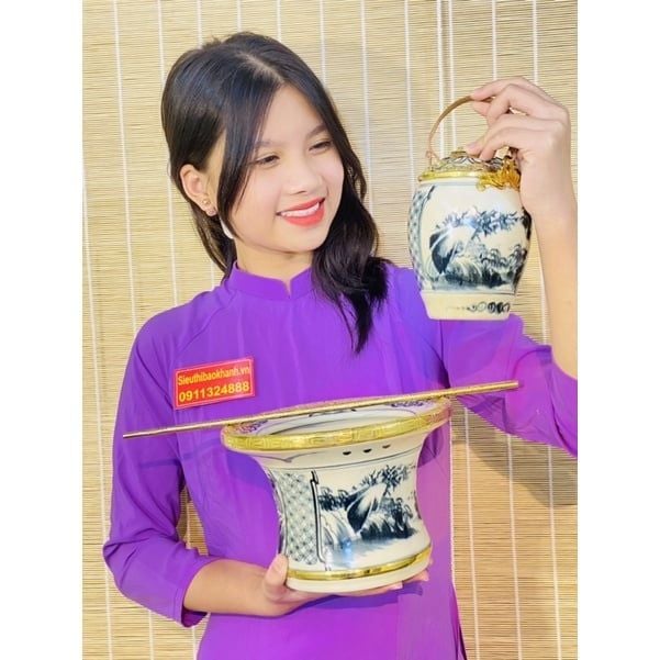 Bộ điếu bát giả cổ bọc đồng dáng ống loe cao cấp Bát Tràng BKCE-001900VN-1417