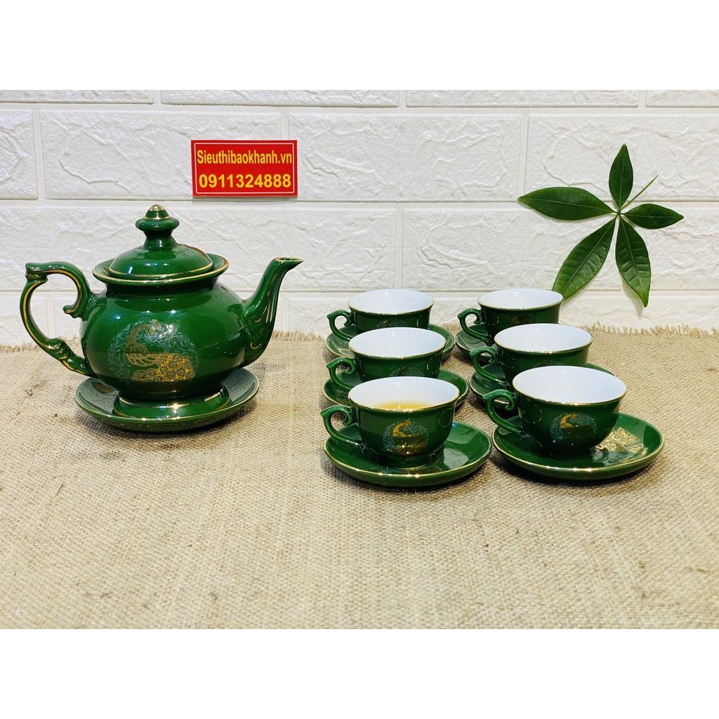  Bộ ấm chén men xanh vẽ vàng xuất xứ Bát Tràng 