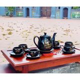  [BÁT TRÀNG CHÍNH HÃNG]-Bộ ấm chén men than vẽ chỉ vàng họa tiết thuận buồm xuôi gió 