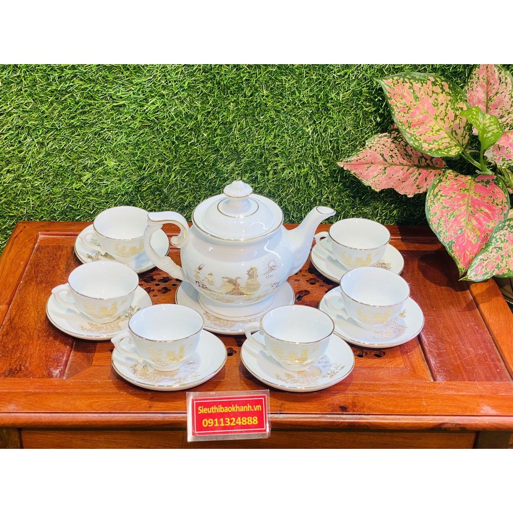  Bộ ấm chén men kem hoa tiết Kim Kê Đại Cát 