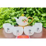  Bộ ấm chén,ấm trà đá ngọc họa tiết hoa đào in nổi 400ml 