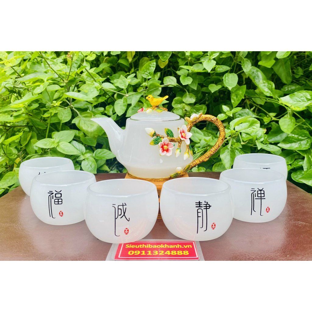  Bộ ấm chén,ấm trà đá ngọc họa tiết hoa đào in nổi 400ml 