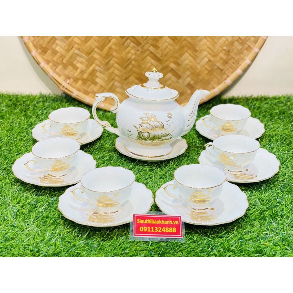  Bộ Ấm Chén,Ấm Trà Đẹp Men Trắng Viền Vàng họa tiết thuận buồm xuôi gió Chính Hãng Bát Tràng 350ml-Siêu Thị Bảo Khánh 