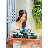 Bộ ấm chén men xanh họa tiết hoa sen vẽ vàng-Ấm chén Bảo Khánh 