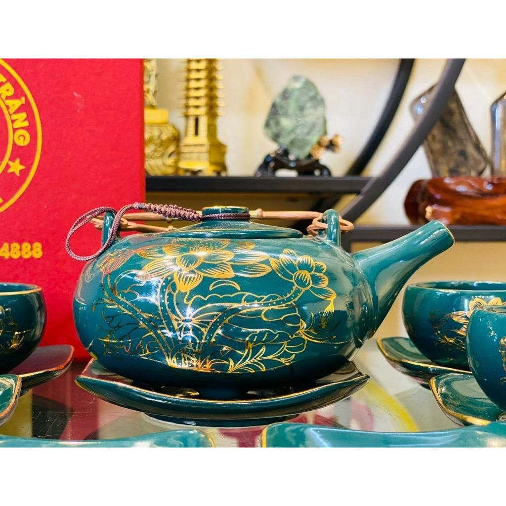  Bộ ấm men xanh vẽ vàng quà tặng xuất xứ Bát Tràng 