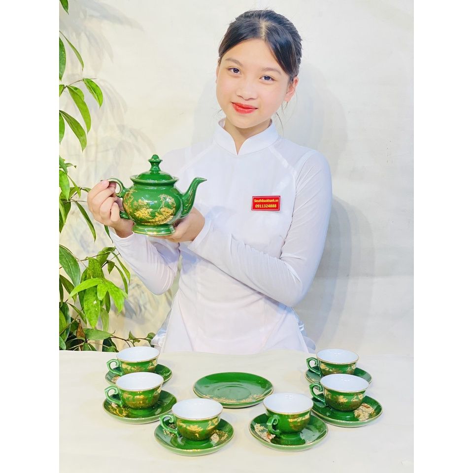  Bộ ấm chén xanh họa tiết công đào phú quý 