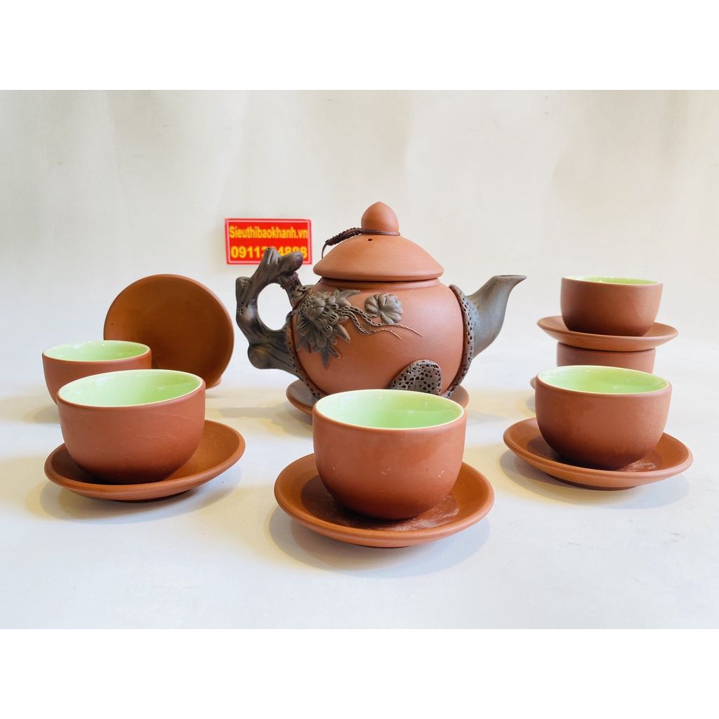  Bộ ấm chén tử sa lòng xanh họa tiết hoa mai 350ml BKCEVN-8207 