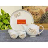  Bộ ấm chén men trắng sứ xương chóp lửa vẽ sen - đánh chỉ viền vàng kim 