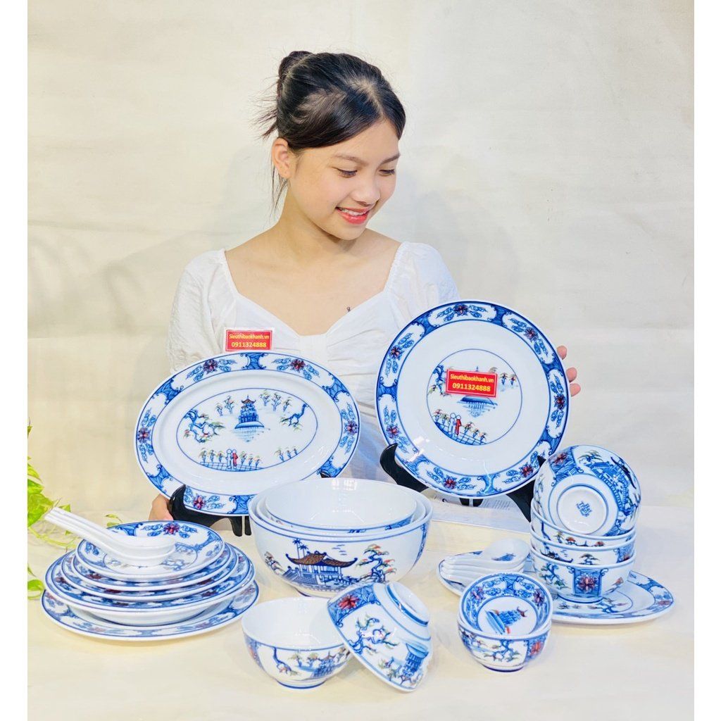  Bộ bát đĩa cảnh men rạn tùng hạc diên cao cấp 