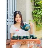  Bộ ấm chén men xanh họa tiết hoa sen vẽ vàng-Ấm chén Bảo Khánh 