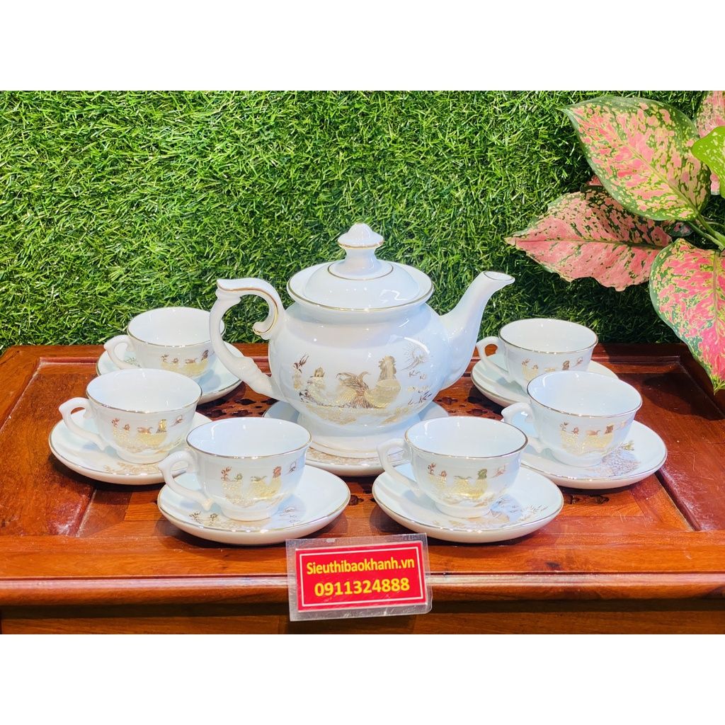  Bộ ấm chén men kem hoa tiết Kim Kê Đại Cát 