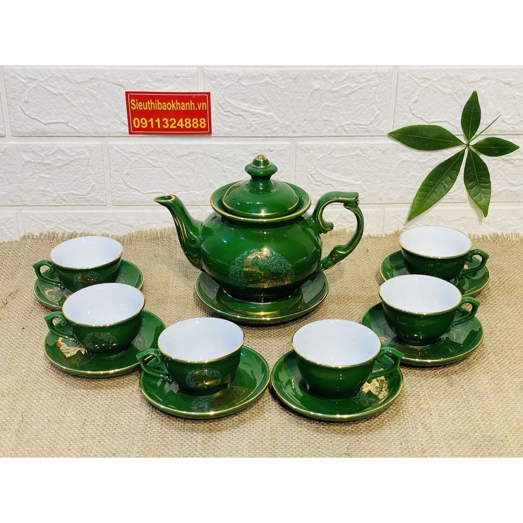  Bộ ấm chén men xanh vẽ vàng xuất xứ Bát Tràng 