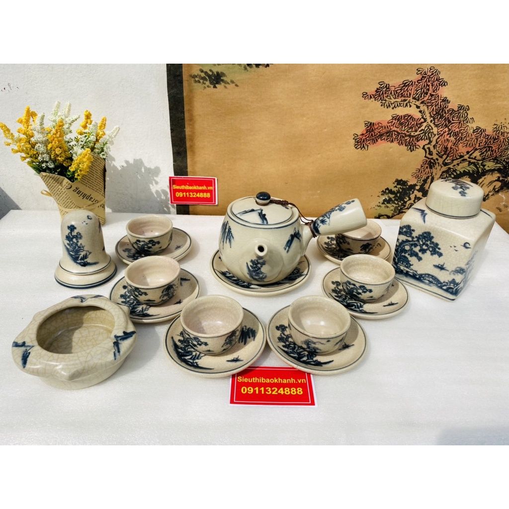  Bộ Ấm Trà Men Rạn Men Lam Vẽ Sơn Thủy Kèm Phụ kiện BKCEVN-8001 
