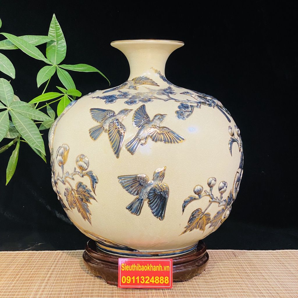  [HÀNG NGHỆ NHÂN]-Bình Hút Lộc men rạn công đào 35cm-mỹ nghệ bảo khánh 