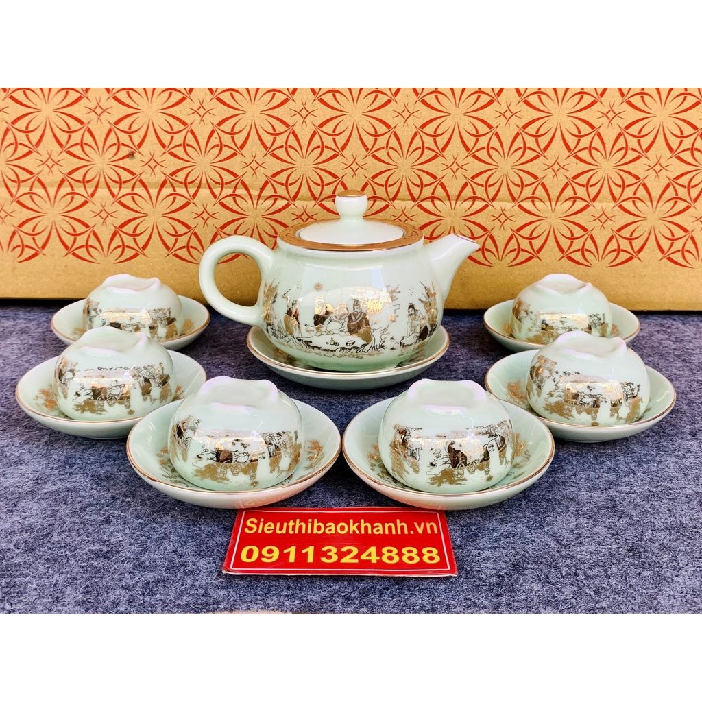  Bộ âm trà men ngọc trúc lâm thất hiền bát tràng vẽ vàng BKCEVN-8026 