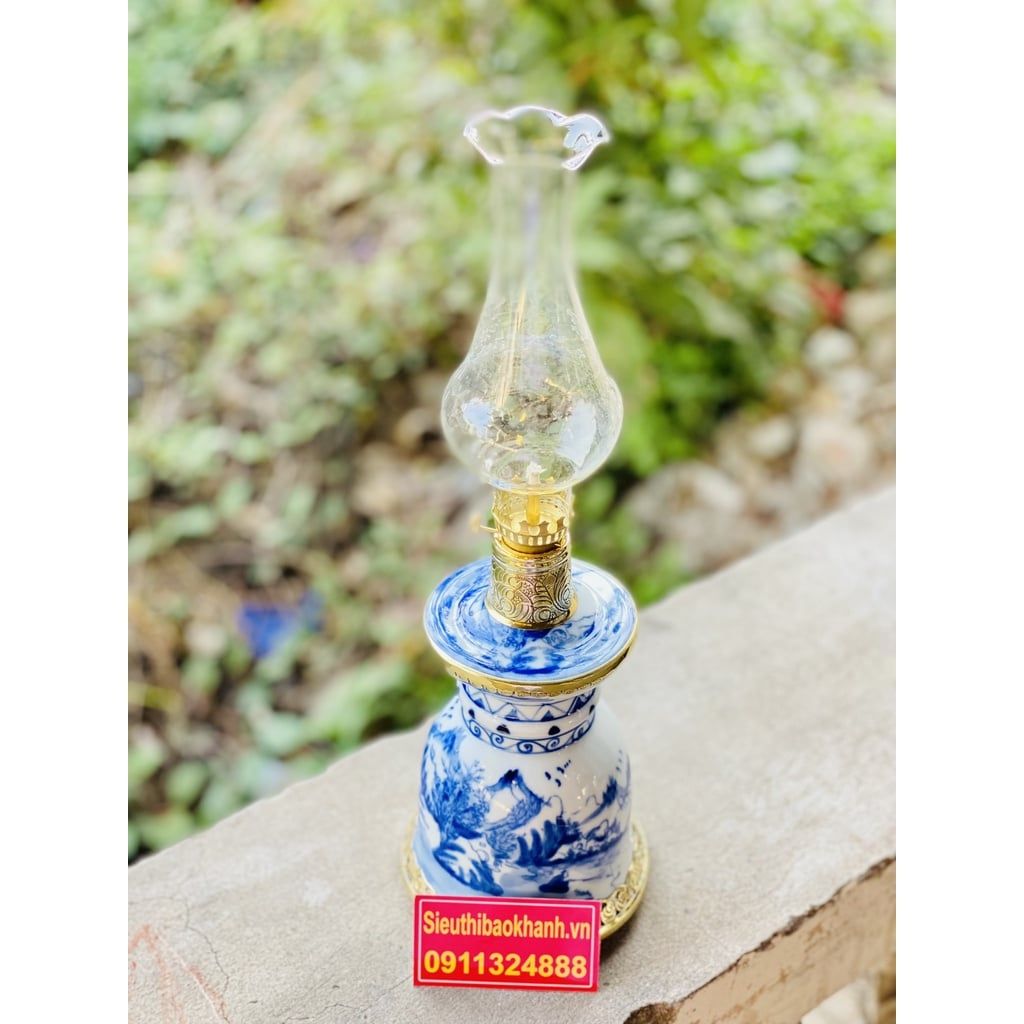  [ĐỒ THỜ CÚNG]-Cặp đèn dầu đồng thân gốm xuất xứ Bát Tràng 25cm 