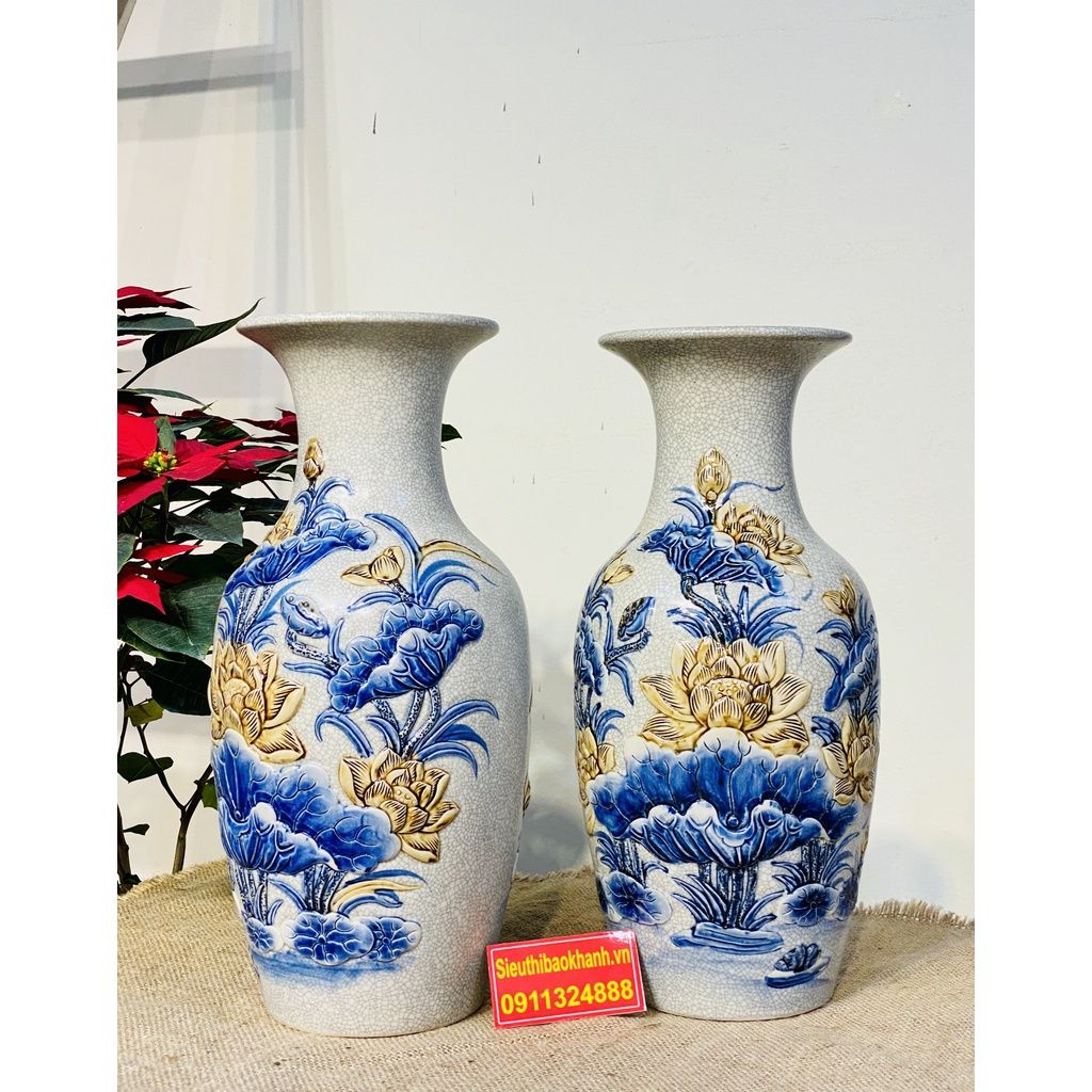  Cặp Bình Hoa Men Lam Chính Hãng Bát Tràng Họa Tiết Hoa Sen Men Rạn 38cm 
