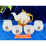  Bộ ấm chén,ấm trà đá ngọc họa tiết Phượng in nổi 400ml 