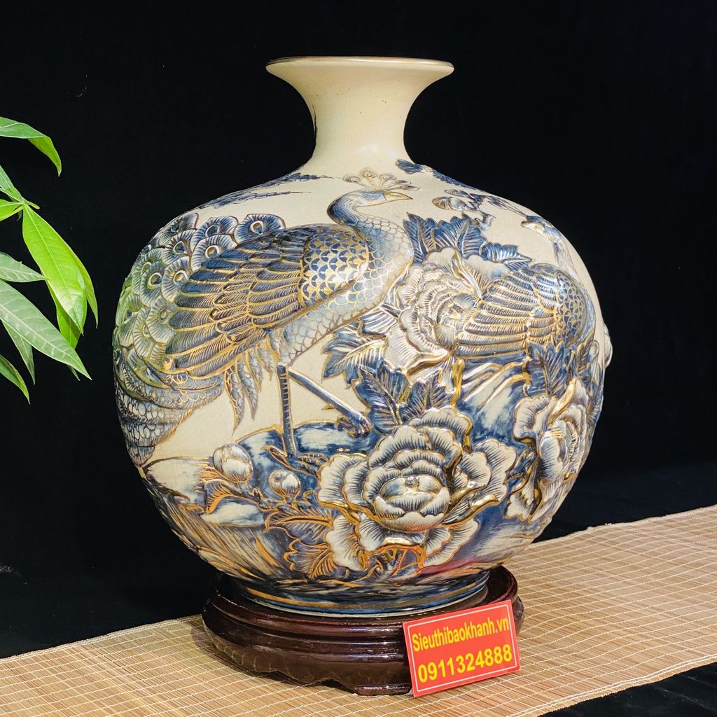  [HÀNG NGHỆ NHÂN]-Bình Hút Lộc men rạn công đào 35cm-mỹ nghệ bảo khánh 