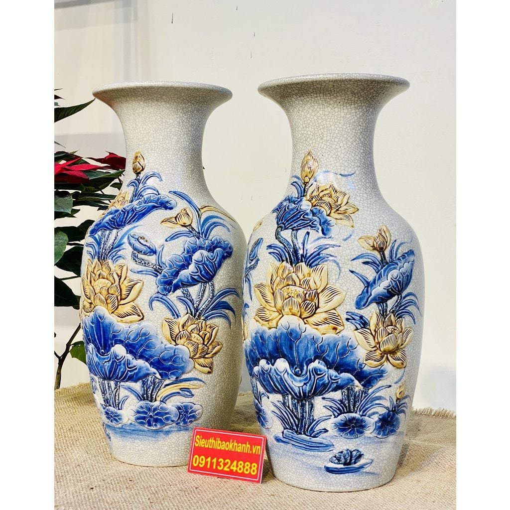  Cặp Bình Hoa Men Lam Chính Hãng Bát Tràng Họa Tiết Hoa Sen Men Rạn 38cm 