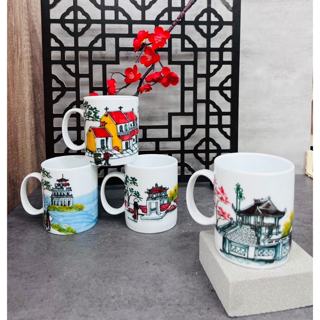  [Gốm Sứ Bát Tràng] Cốc vẽ tay hình phong cảnh Hà Nội Dáng C siêu đẹp 