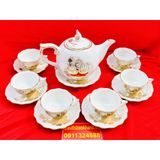  [BÁT TRÀNG CHÍNH HÃNG]-Bộ ấm chén men trắng vẽ vàng chóp lửa họa tiết sen 