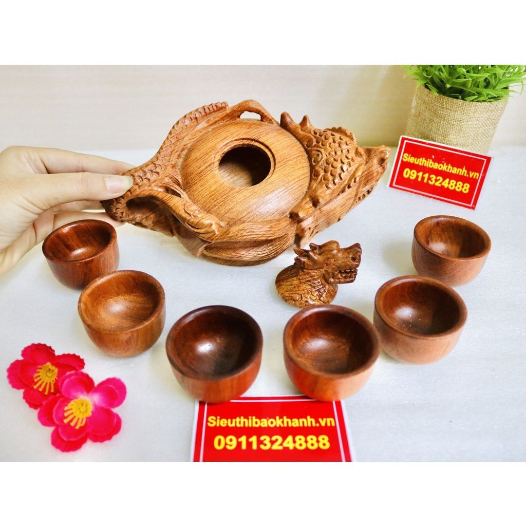  THỦ CÔNG MỸ NGHỆ TẠI XƯỞNG-BỘ ẤM CHÉN GỖ HƯƠNG ĐỤC NGUYÊN KHỐI-BÁT TRÀNG BẢO KHÁNH 